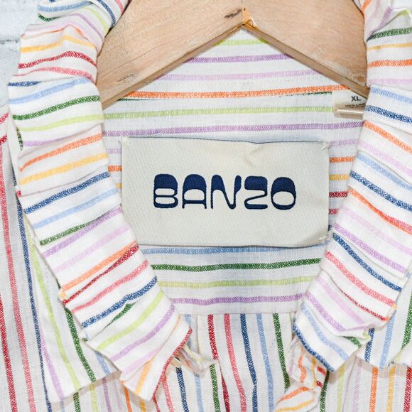 BANZO Women's 100% Linen Antique Ruffle Collar Boxy Shirt Striped multi sz XL - Picture 3 of 11